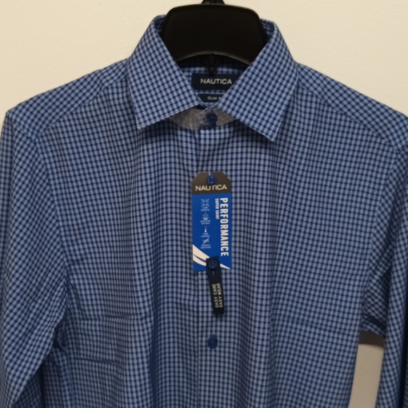 Nautica|long sleeve Dress shirt slim fit Mens Sz 14/14 1/2 32/33 Small plaid NWT - Picture 2 of 12
